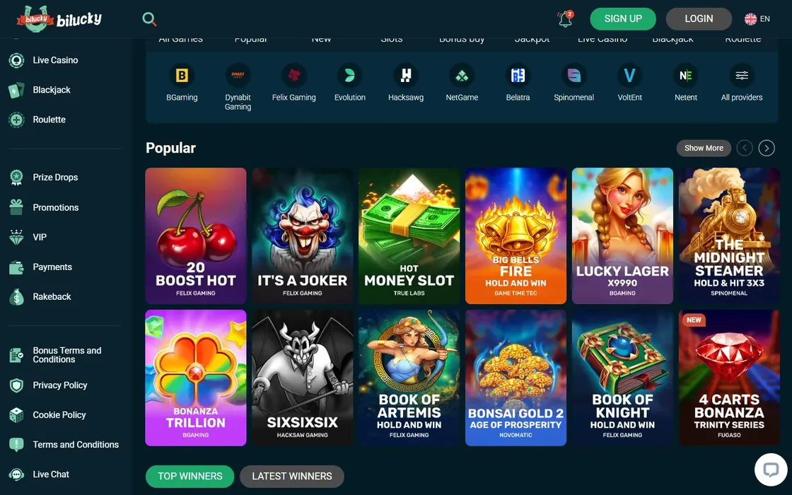 Bilucky games lobby: a side menu of casino sections beside a row of game providers and a Popular grid of slot games