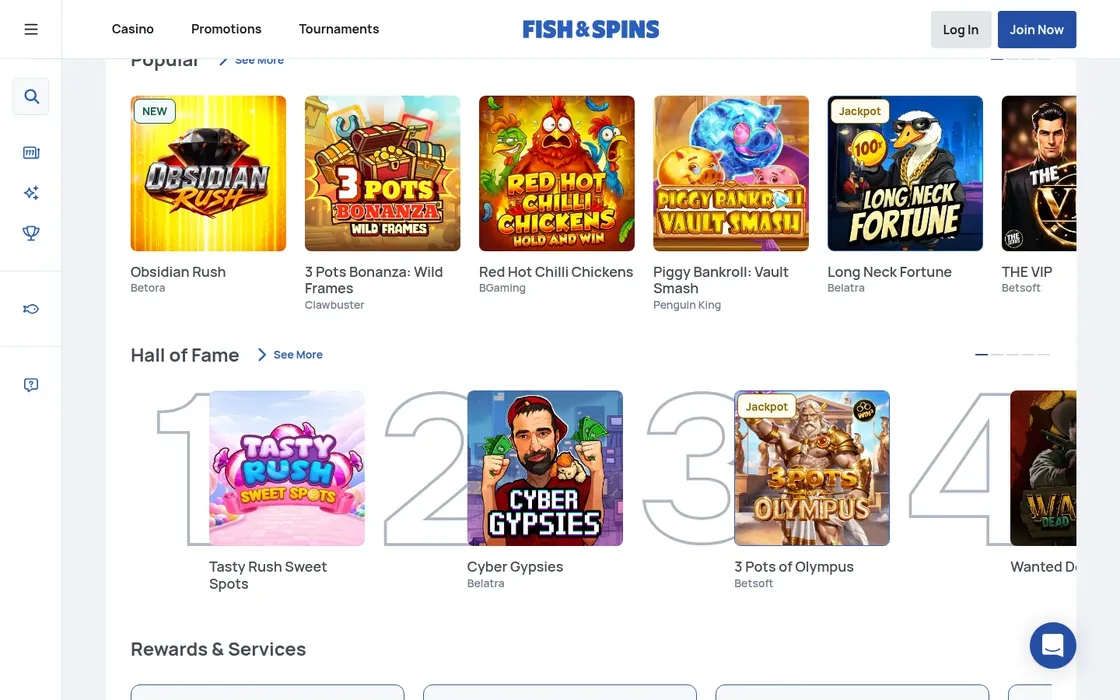 Fish & Spins games lobby: Casino, Promotions and Tournaments menus over Popular and Hall of Fame rows of slot games