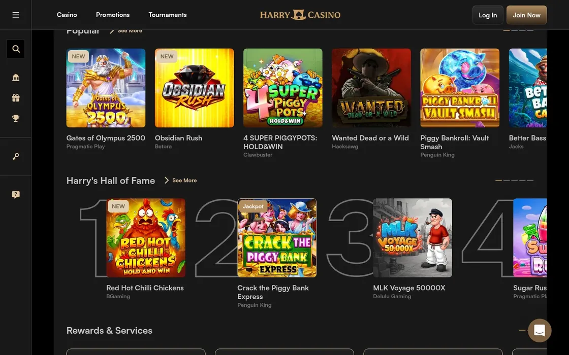 Harry Casino games lobby: Casino, Promotions and Tournaments menus over Popular and Harry’s Hall of Fame rows of slot games