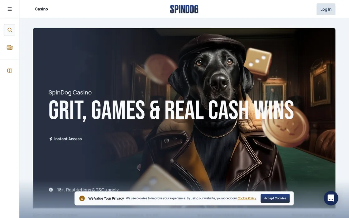 SpinDog’s main page: the SPINDOG logo and Log In button above a banner of a dog in a leather jacket, with a cookie notice and a chat button
