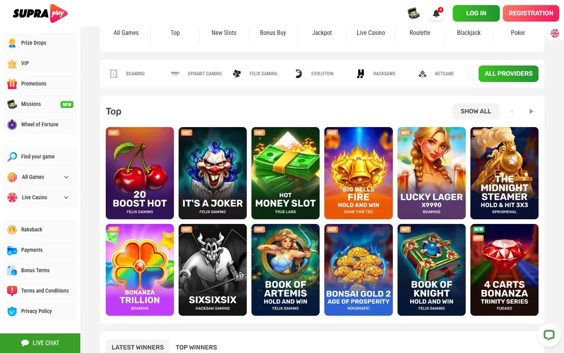 SupraPlay games lobby: the SupraPlay logo and side menu beside game categories, a row of providers and a Top grid of slot games