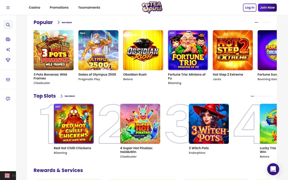 TeaSpins games lobby: Casino, Promotions and Tournaments menus over Popular and Top Slots rows of slot games